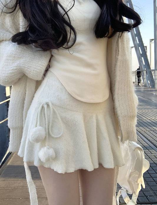 Lazy Girl Broken Ice Cute Black White Hoodie Sweater & Pompom Balls Skirt Two Piece Set