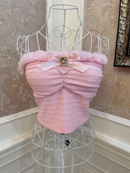 Sweetheart Princess Sweet Plush Edge Pink Strap Tank Top - Sugarplum Store