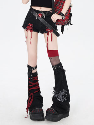 Crazy Girl Killer Legs Black Gray Red Denim Shorts & Leg Warmers - Sugarplum Store