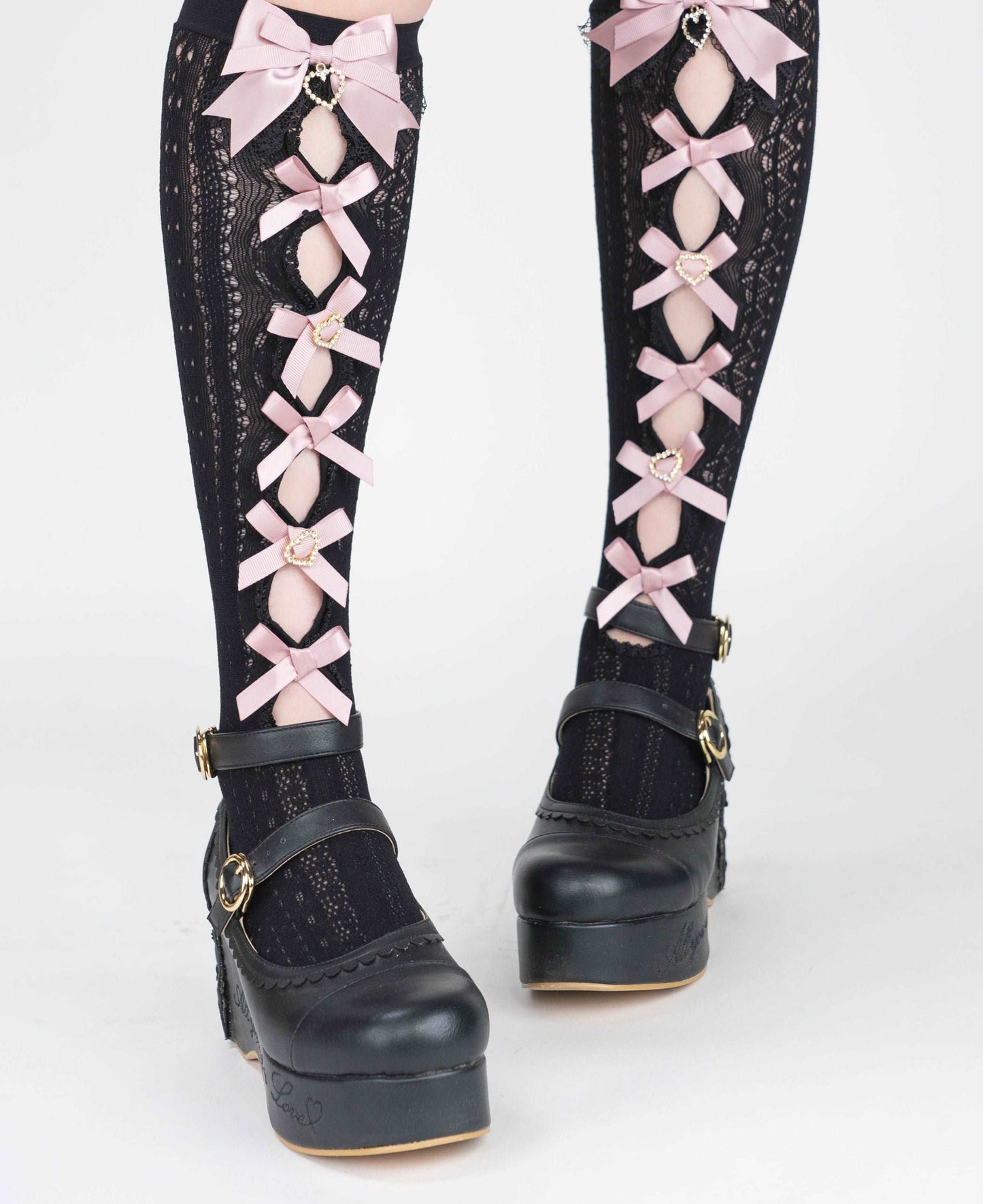 Elegant Princess EGL Black White Pink Hollow Bow Knee High Socks