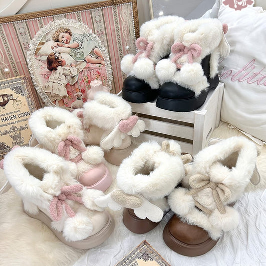 Puffy Sheep Lolita Fluffy Cupid Cute Pompom Balls Winter Fur Velvet Cotton Shoes Snow Boots