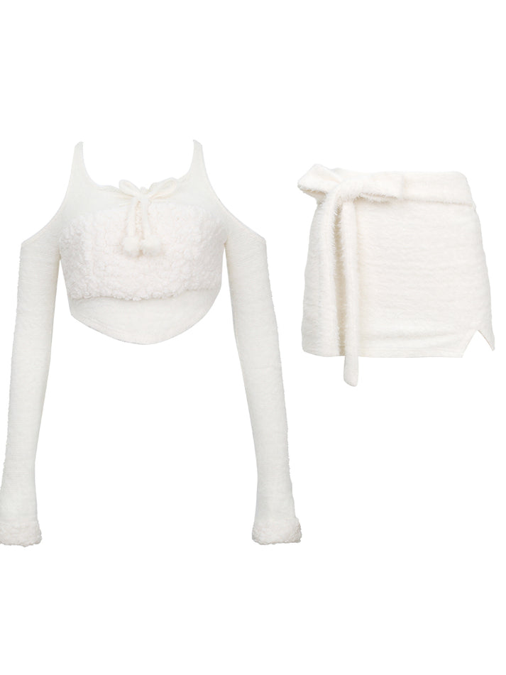 Serendipity Autumn White Polar Bear Plush Sweater Top Mini Skirt Hat Three Piece Set
