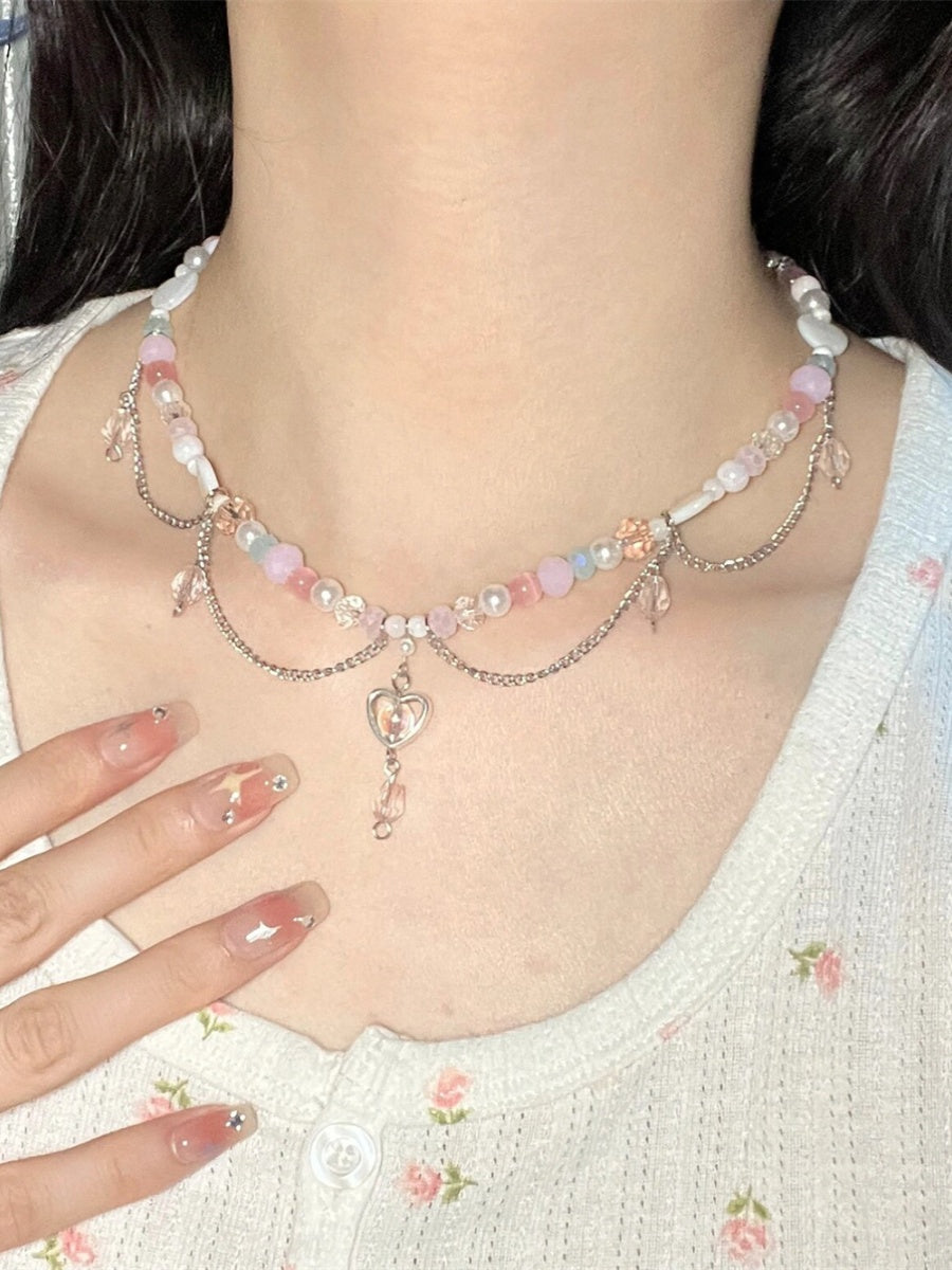 Dopamine Pink Beads Heart Necklace - Sugarplum Store