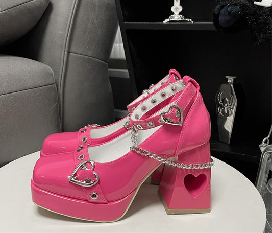 Yishicha Heart EGL Chain Shackles Square Toe High Heels Platform Shoes - Sugarplum Store