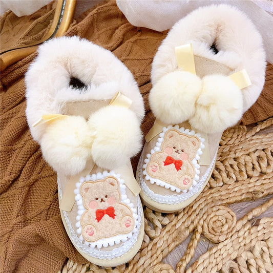 Lace Coquette Bear Plush Winter Snow Cream Short Boots