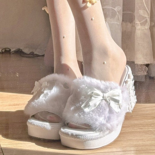 Pinky Antique Princess White Plush Velvet Wedge Height Heels Slippers - Sugarplum Store
