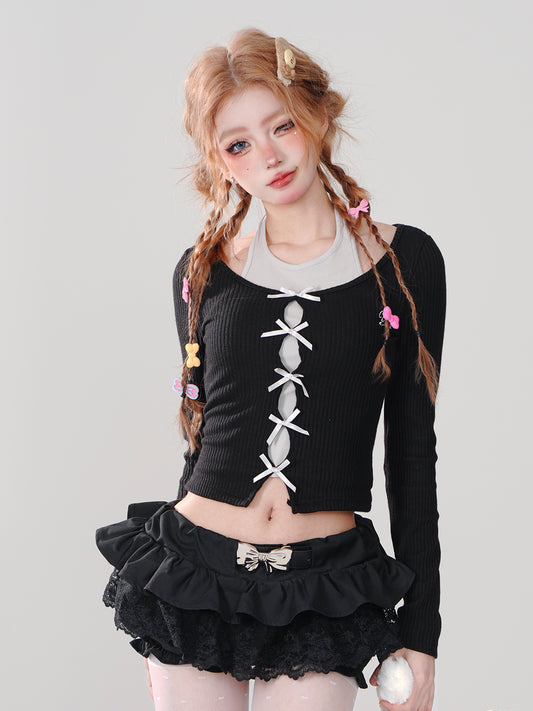 Young Eyes Y2K Bow Black Purple Knit Shirt Top