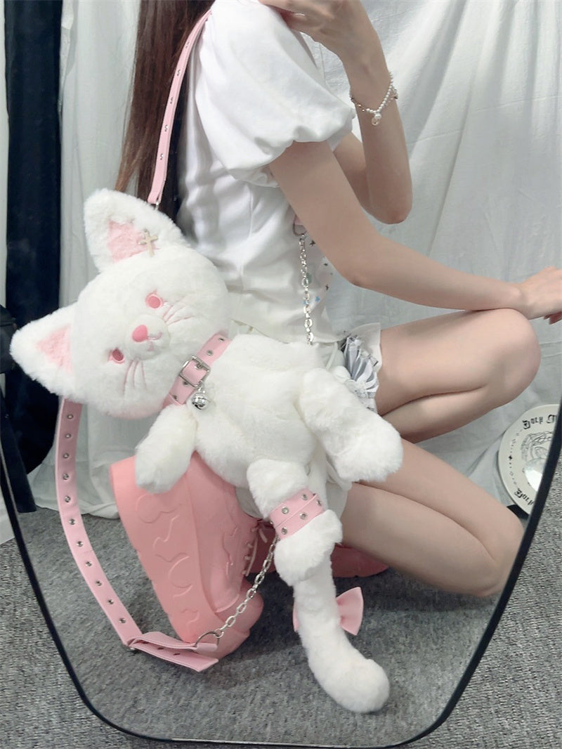 girls limited too kitty cat plush mini backpack White & Black Cat Kitten Doll Plush Backpack Shoulder Bag – Sugarplum Store
