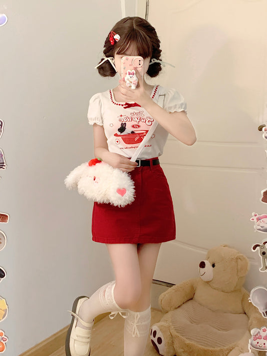 Serendipity Summer Lucky Rabbit Puff Sleeve Shirt & Red Mini Skirt Two Piece Set