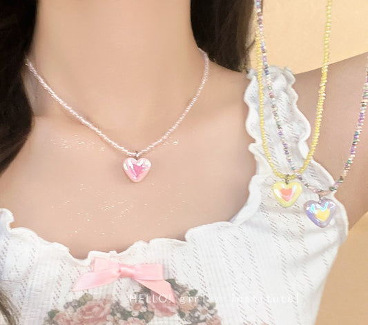 Y2K Beads Cute Heart Love Colorful Necklace