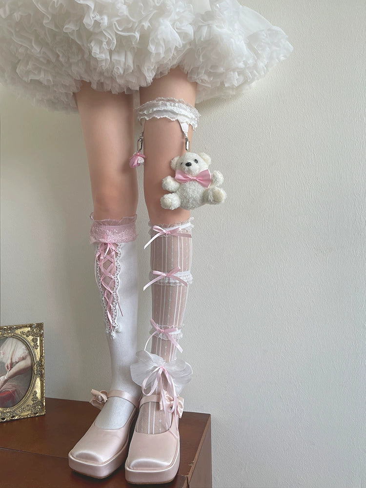 Noble Festival Pink Black Blue Red Lace Socks & Bear Garter - Sugarplum Store