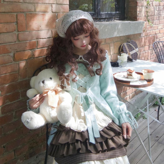Woman in a vintage-style outfit holding a teddy bear outdoors.