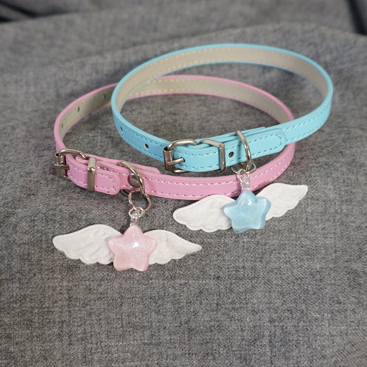 Candy Fairy Y2K Star Wings Pink & Blue Leather Choker Collar Necklace