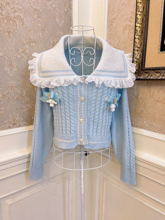 Sweetheart Princess Winter Cute Cinnamon Dog Blue Knit Sailor Collar Lace Sweater Cardigan - Sugarplum Store