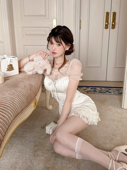 Creamy Sweet Sweet White Lace Strap Dress & Undershirt Blouse Top Two Piece Set