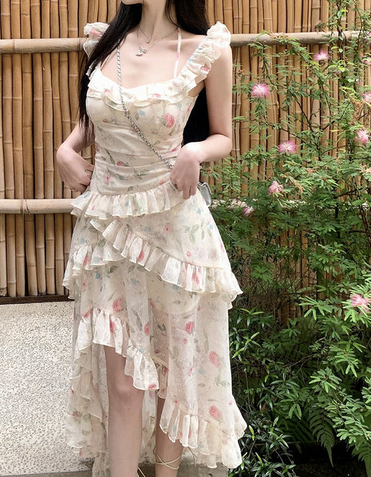 Monet Lily of the Valley Floral Cream Long Dress - Sugarplum Store