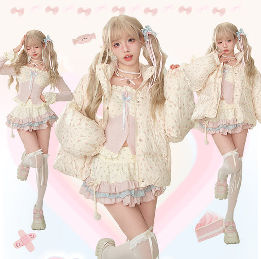 Serendipity Coquette Floral Patchwork Pink Shirt Top & Ruffled Cake Skirt Two Piece Set - Sugarplum Store