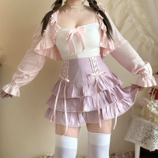 Sweet Colorful Pastel Doll Ruffled Bow Cake Layered Mini Skirt