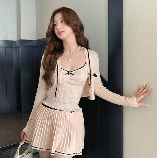 Creamy Cute Exquisite Pink Cami & Cardigan & Pleated Skirt Three Piece Set - Sugarplum Store