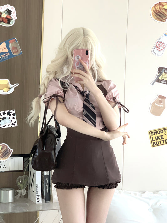 Serendipity Academia Girl Pink Puff Sleeve Shirt & Brown Suspender Skirt Two Piece Set - Sugarplum Store