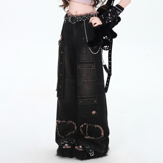 Crazy Girl Distressed Punk Black Heart Denim Baggy Pants - Sugarplum Store