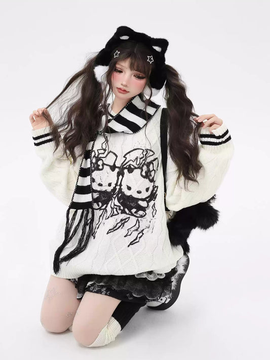 Crazy Girl Electric Kitty Black Red Sweater - Sugarplum Store