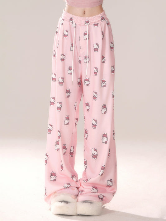 Young Eyes Y2K Kitty Cat Pink & White Elastic Gathered Waist Pants