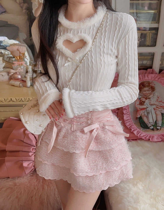 Cute Sexy White Striped Heart Fur Turtle Neck Plush Sweater - Sugarplum Store