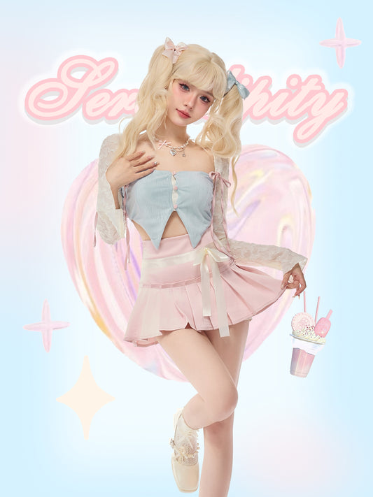 Serendipity Coquette Ribbon Lace White Cardigan & Blue Camisole & Pink Pleated Mini Skirt Three Piece Set - Sugarplum Store