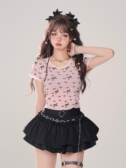 Young Eyes Coquette Bow Pink White Black Shirt Top