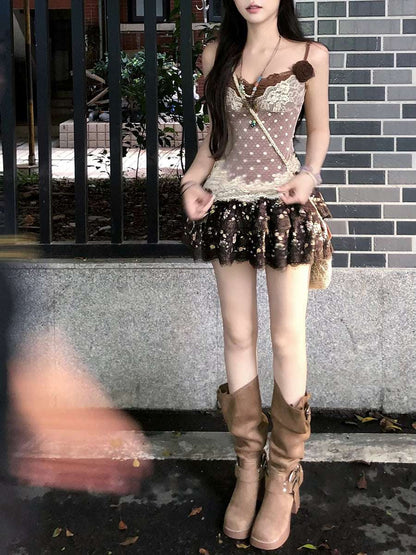 Creamy Cute Summer Gardenia Brown Cami Top & Skirt Two Piece Set