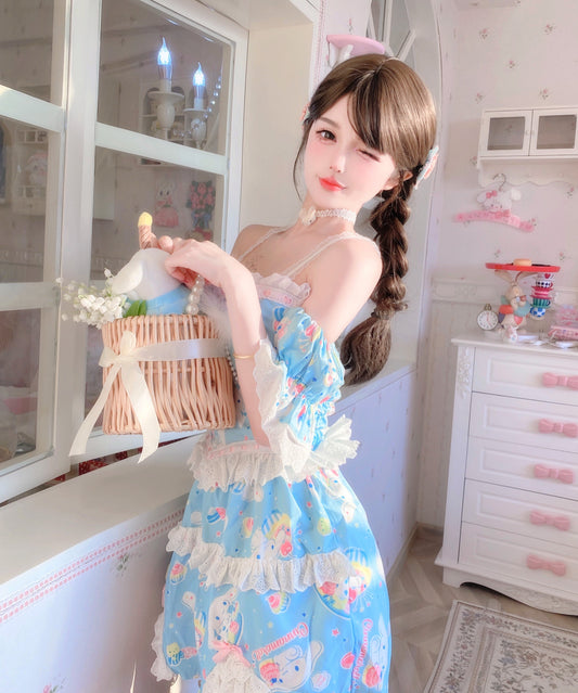 Candy Fairy Cute Blue Cinnamon Dog Lace Camisole Puff Sleeve Top & Skirt Pajamas Two Piece Set