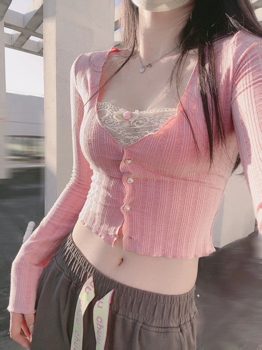 Sweet Rose Lace Coquette Pink Slim Fit Shirt Top - Sugarplum Store