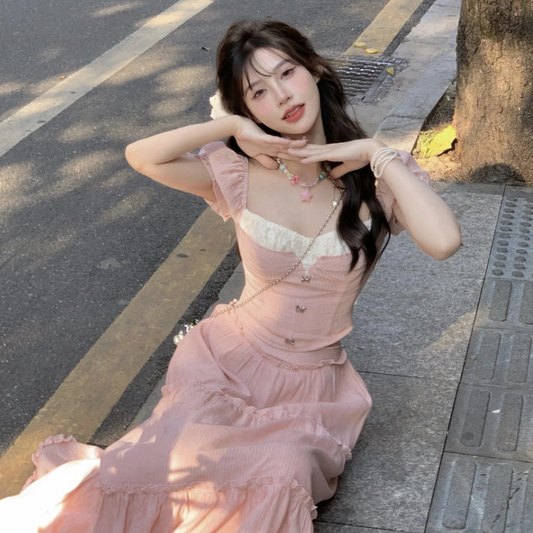 Creamy Cute Island Girl Pink Top & Long Skirt Two Piece Set - Sugarplum Store