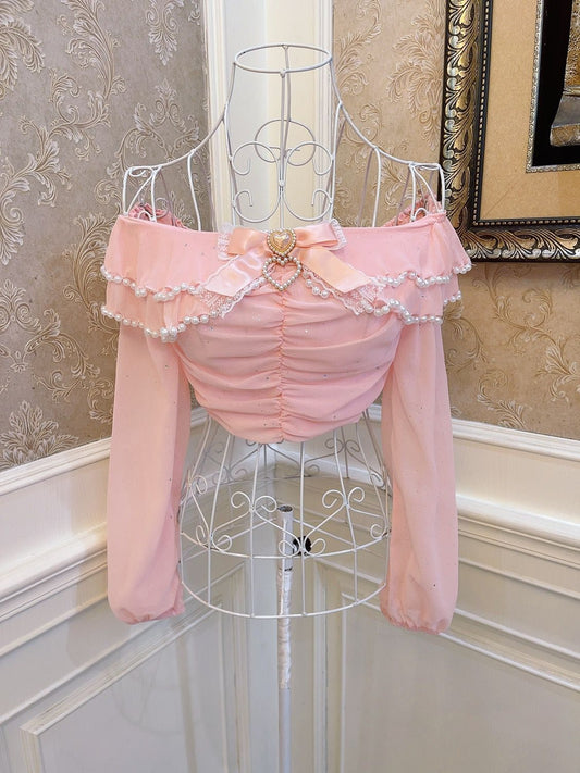 Sweetheart Princess Pink Ruffled Bow Off Shoulder Long Sleeve Shirt - Sugarplum Store