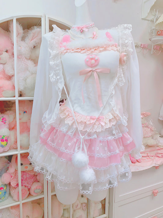 Candy Fairy Paw Camisole Top & Sheer Lace Cardigan & Pink Ruffle Skirt Three Piece Set