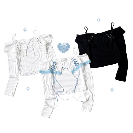 Kitten Bullet Prelude to Broken Love White Blue Black Off Shoulder Shirt Blouse - Sugarplum Store