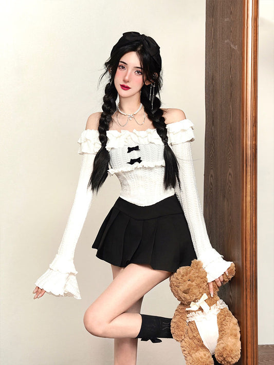 Kiki Coquette Ruffled Black Bow Halter Neck Off Shoulder Top Shirt - Sugarplum Store