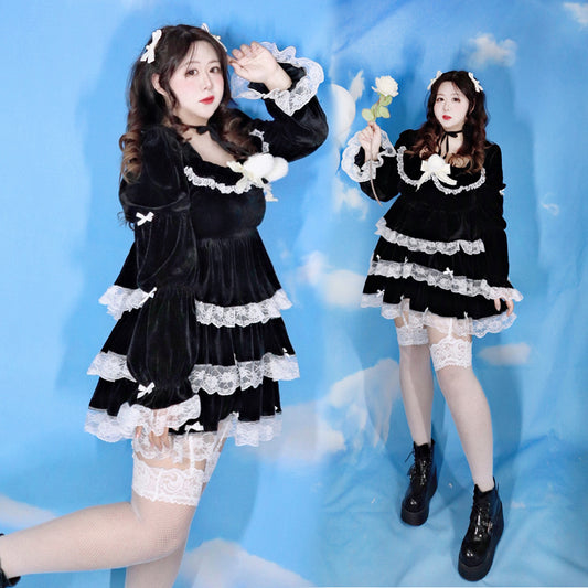 Plus Size Black & White Gothic EGL Winter Plush Velvet Long Sleeve Top & Mini Skirt Dress Two Piece Set