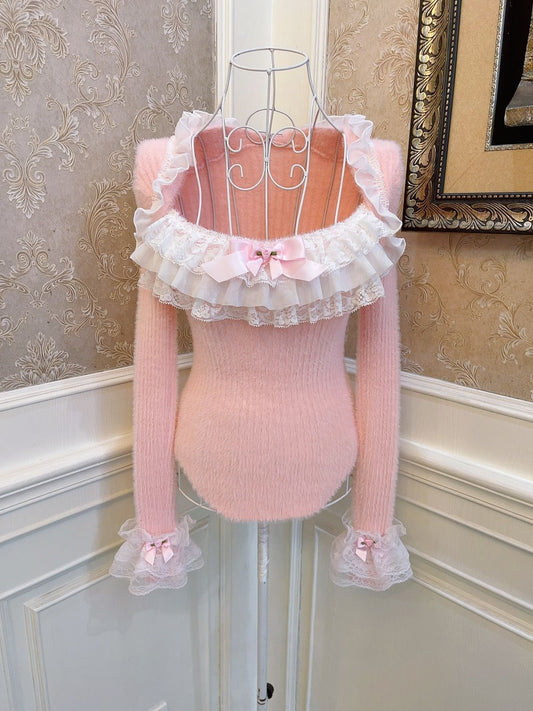 Sweetheart Princess Winter Elegant Lace Rose Bow Fuzzy Knit Pink & Blue Sweater Top - Sugarplum Store