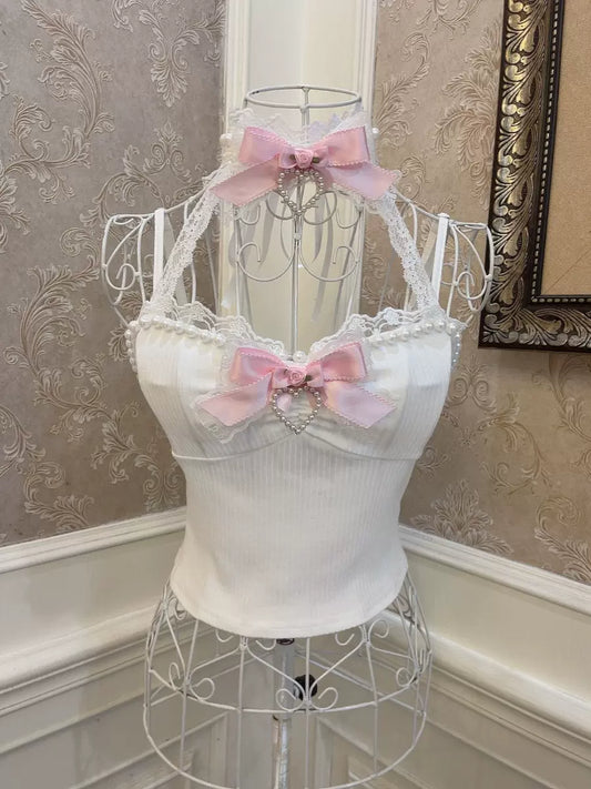 Sweetheart Princess Halter Neck Rose White Camisole Top - Sugarplum Store