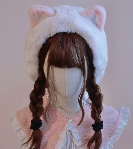 Cute Autumn Fall Handmade Lolita Cat Ears Pink White Imitation Faux Fur Hats - Sugarplum Store