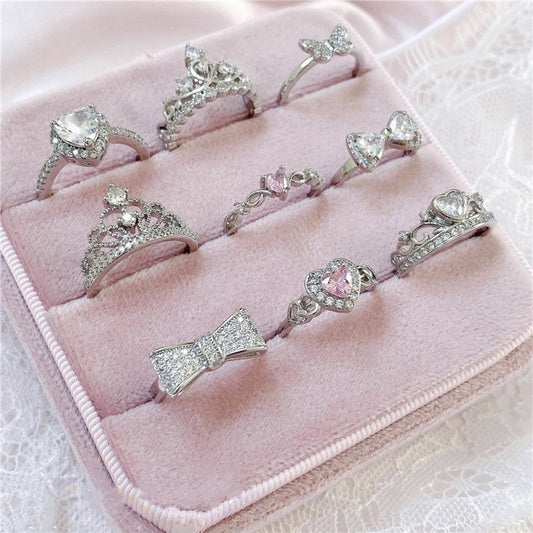 Pink Silver Love Bow Rhinestone Diamond Crown Ring Collection Set Accessories Jewerly