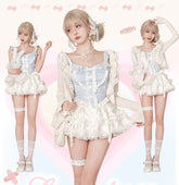 Serendipity Autumn Doll Strap Plush Pompom Balls White Bodycon Dress & Pink Cardigan Two Piece Set