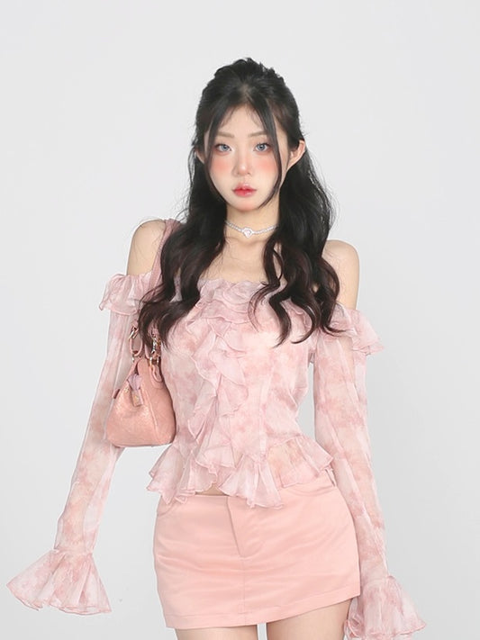 Lucia Fresh Pink Floral Bell Sleeve Shirt Top & Skirt Two Piece Set - Sugarplum Store