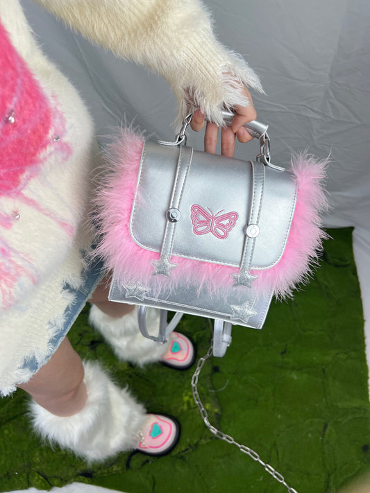 Y2K Silver Butterfly Pink Fuzzy Messenger Bag