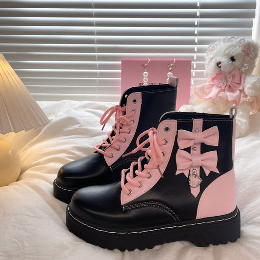 Pink Bows Black Platform High Heels Combat Boots