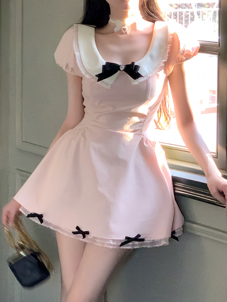 Creamy Cute Passion Pink Navy Blue Puff Sleeve Dress – Sugarplum Store