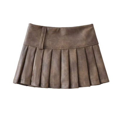 Chic Trendy Winter Brown Black Leather Jacket Skirt Two Piece Set