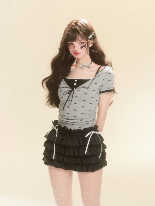 Young Eyes Sweet Bow White Pink Gray Shirt Camisole Two Piece Set - Sugarplum Store